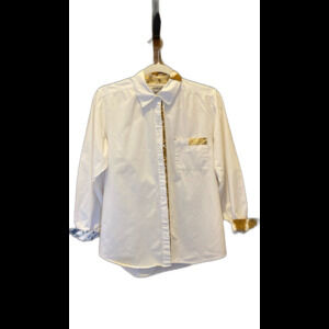 Chico’s Button Down Blouse Size 1 USA Sz Medium Cream with Animal Print Accents
